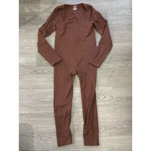 CURLADY Womens Sz XL Yoga Ribbed Jumpsuit Rompers Longsleeve Sport Brown/Coffee